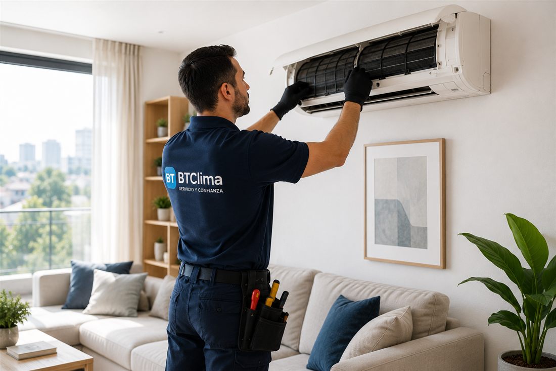 Técnico de BTClima realizando la mantención de un aire acondicionado split en un departamento
