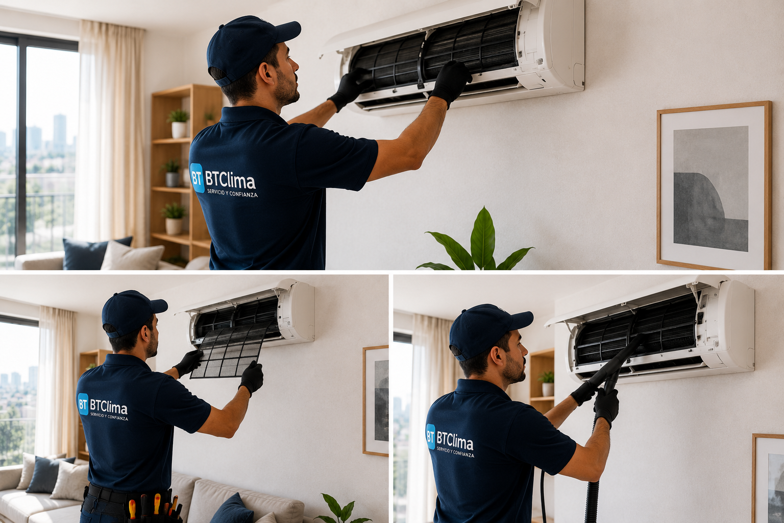 Técnicos de BTClima realizando la mantención de aires acondicionados split en un departamento
