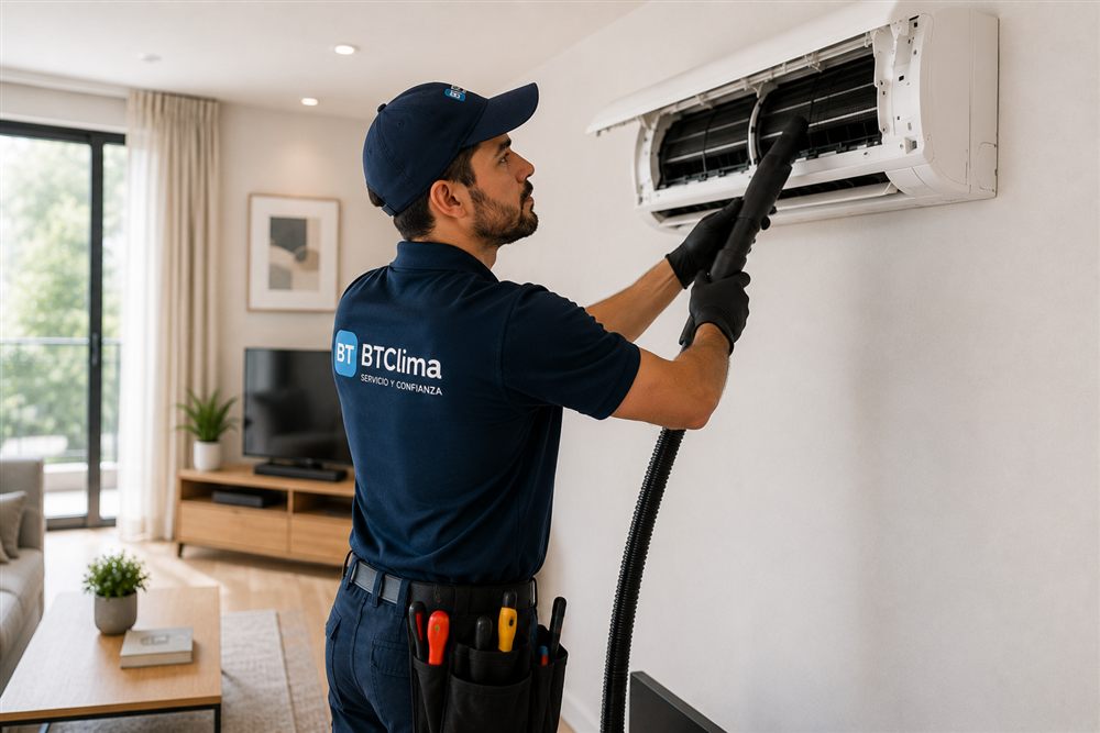 Técnico de BTClima realizando la limpieza profunda de un aire acondicionado split