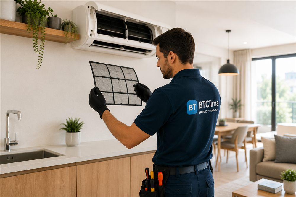 Técnico de BTClima revisando el filtro de un aire acondicionado split de muro